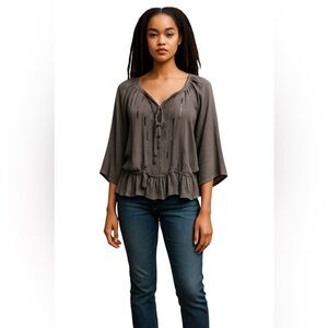 KNOX ROSE BOHO PEASANT TOP Ruffled Plunge Neck Dark Gray Embellished size M